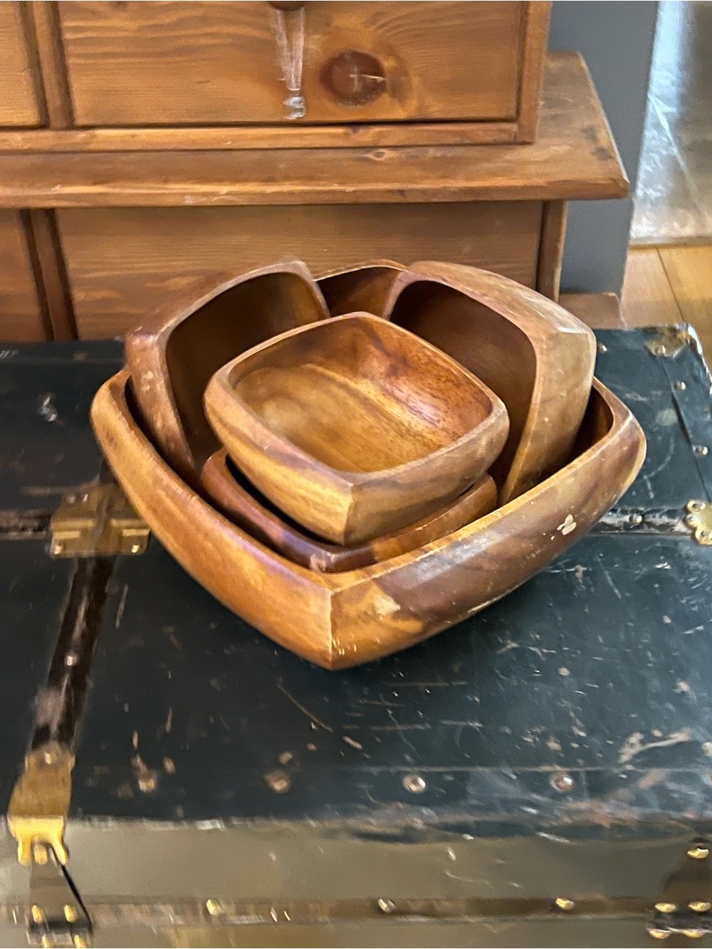 Retro 1970s Wooden Square Salad Serving Bowl & 4 Individual Bowls